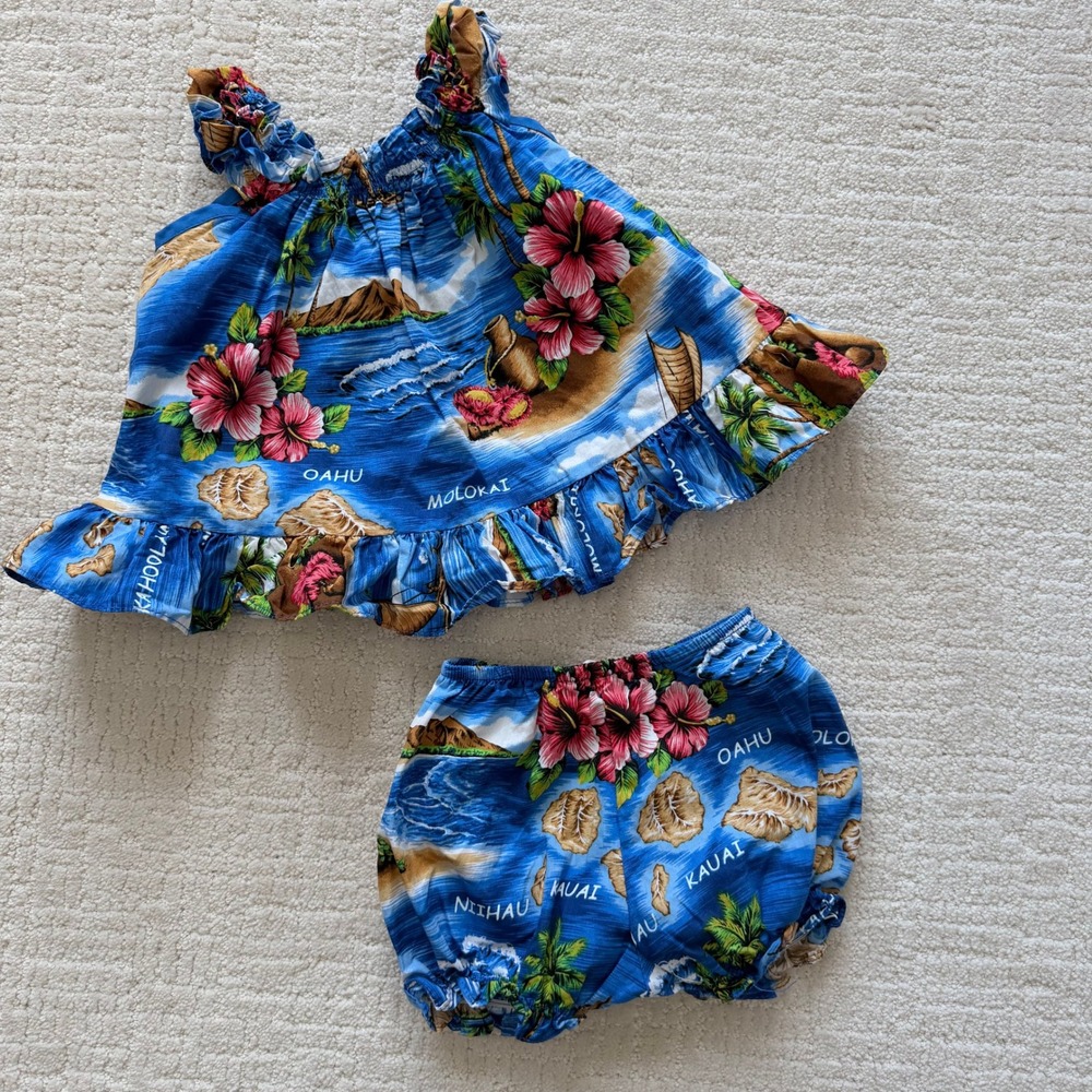Hawaii Station Kids Blue Hibiscus Island Map Top and Bloomer Set 18M Made in USA
